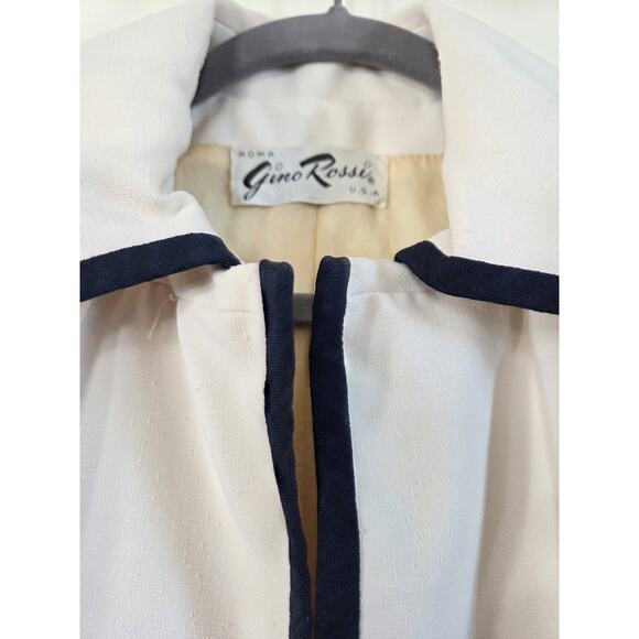 Vintage Gino Rossi Cream Navy Trim Retro Woven Nautical Belted Jacket, Size XS - Picture 4 of 14